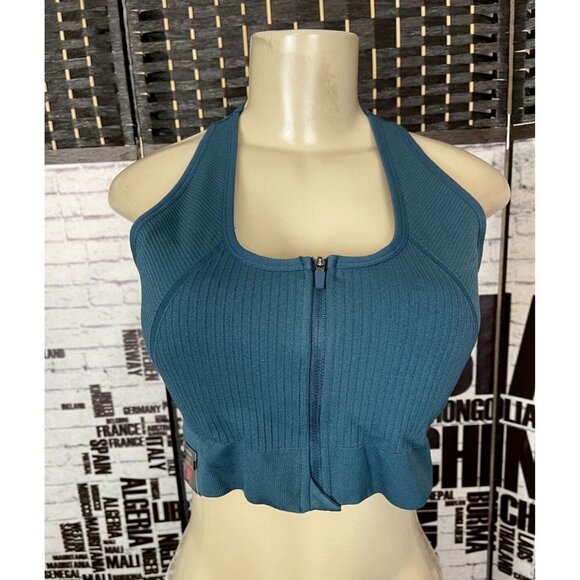 New Balance XL Logo Teal Textured Zip Front Racerback Removable Pads Sports Bra - Picture 1 of 5